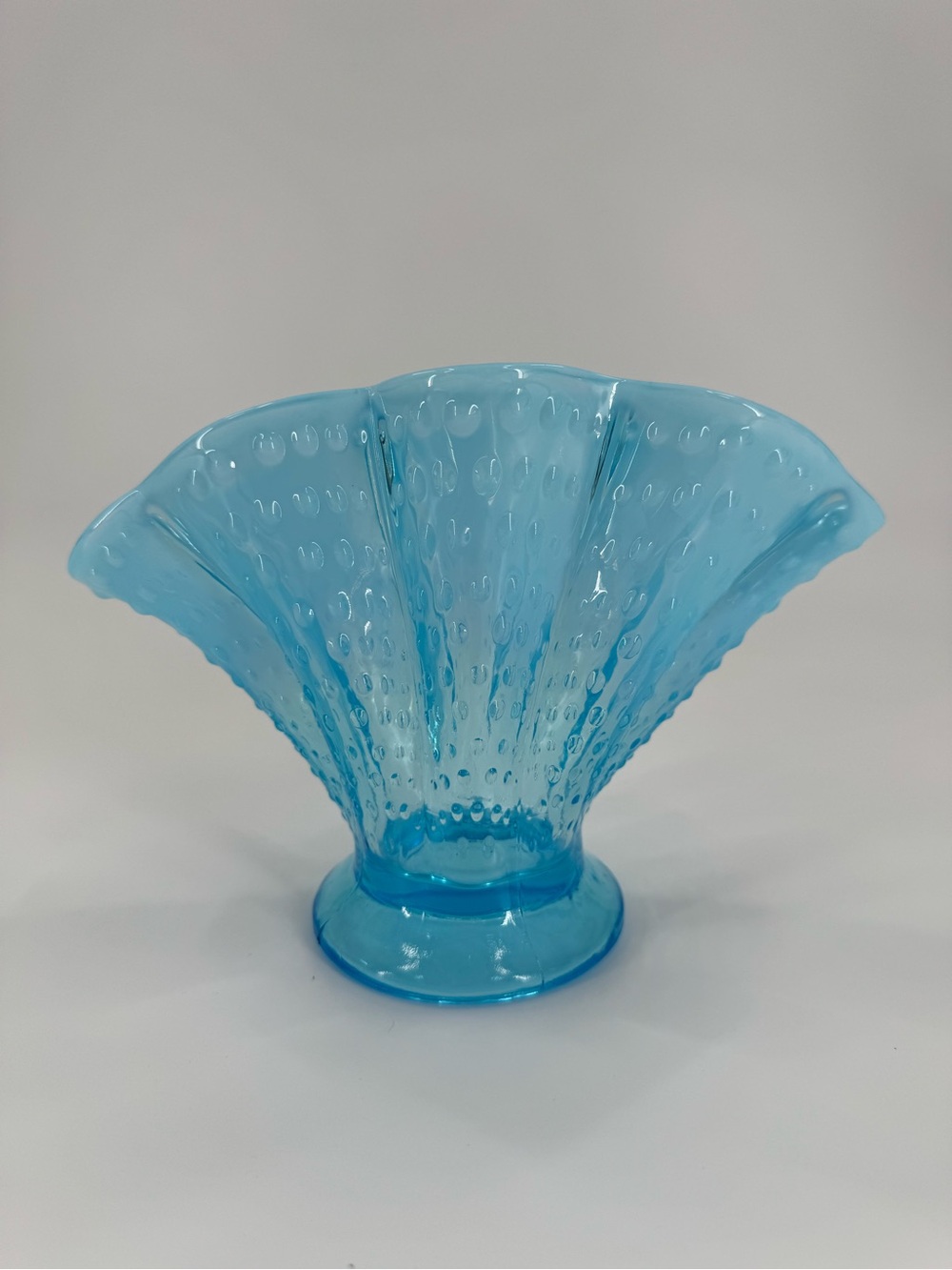 Vintage Fenton Blue Opalescent Hobnail Fan Vase 6" Ruffled Edge Art Glass